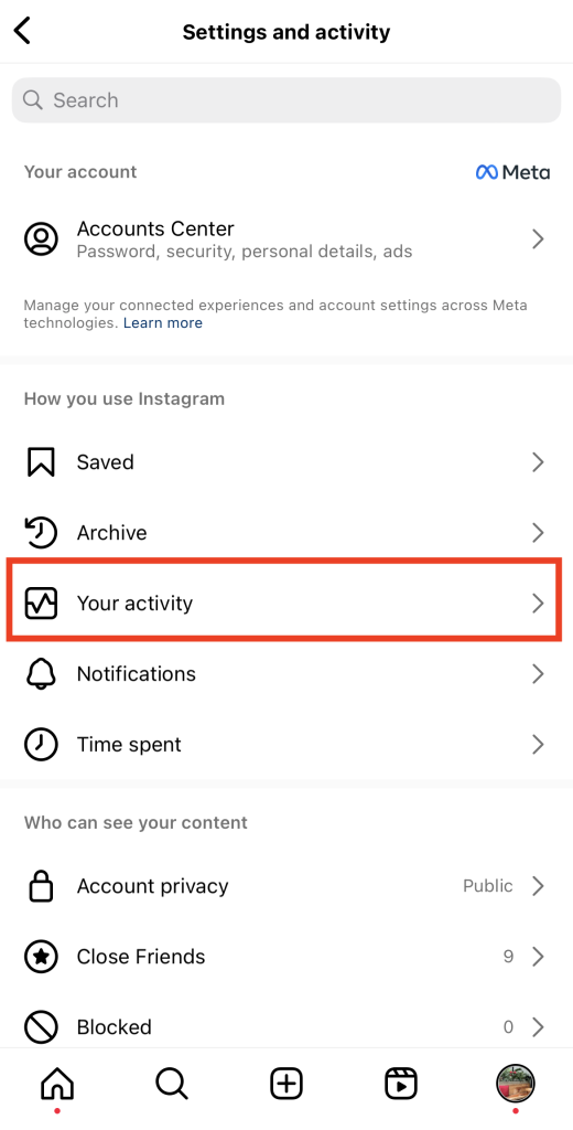 Path Socialdo menu de definições do Instagramcom uma caixa vermelha a destacar "A sua atividade".