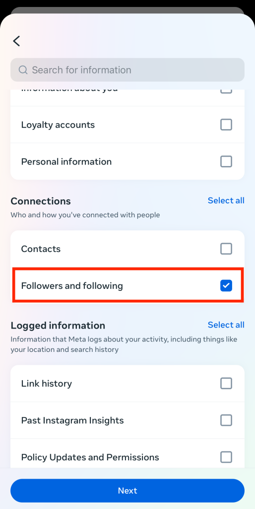 Path SocialA captura de ecrã de Instagram dos tipos de dados que pode seguir, com uma marca na opção "Seguidores e seguidos".