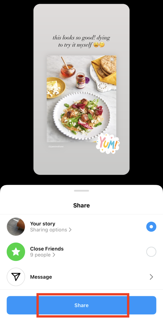 Path SocialDer Screenshot des Bildschirms, auf dem Sie die Zielgruppe Ihrer Story auswählen, zeigt ein rotes Kästchen mit der Aufschrift "Teilen".