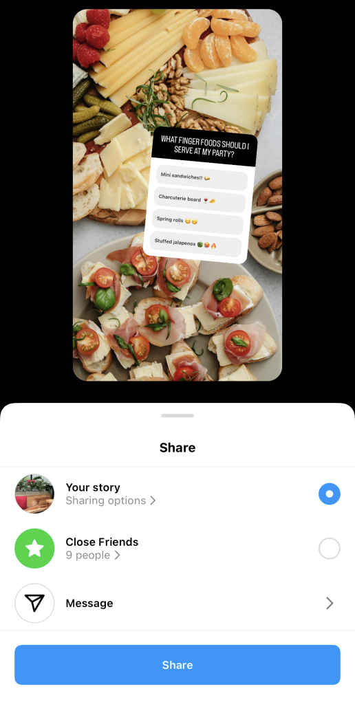 Path SocialScreenshot der Freigabeoptionen bei der Veröffentlichung einer Umfrage auf Instagram Stories.