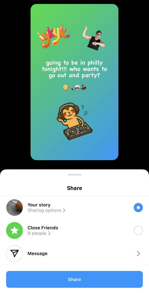 Path Socialdas opções de partilha ao publicar uma mensagem de texto através de Instagram Stories.