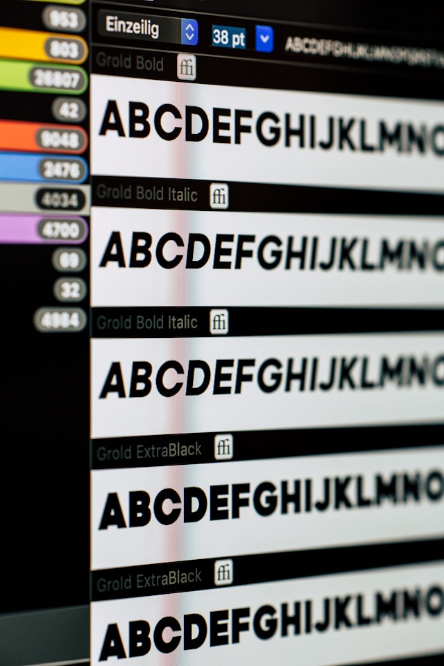 A computer screen showing different typefaces of a font on an editing program.