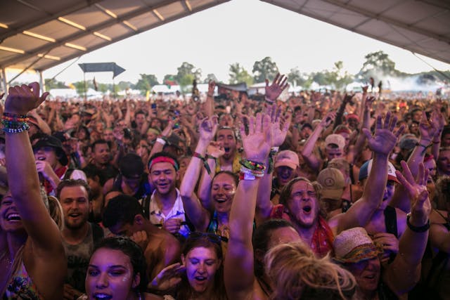Eine Menschenmenge hebt die Hände und singt, während sie eine Musikshow auf einem Festival genießt.
