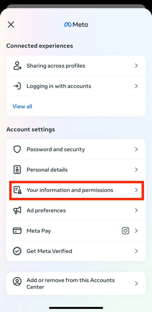 Path Social's screenshot al Meta Accounts Center cu o casetă roșie care evidențiază "Your information and permissions".