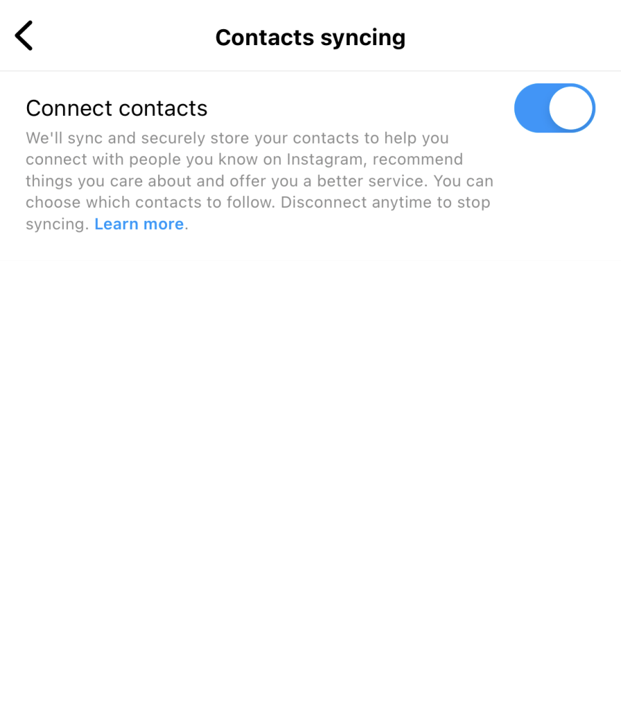 Path SocialDit is een screenshot van Meta's pagina voor het synchroniseren van contacten, waarbij de knop "Contacten verbinden" is ingeschakeld.