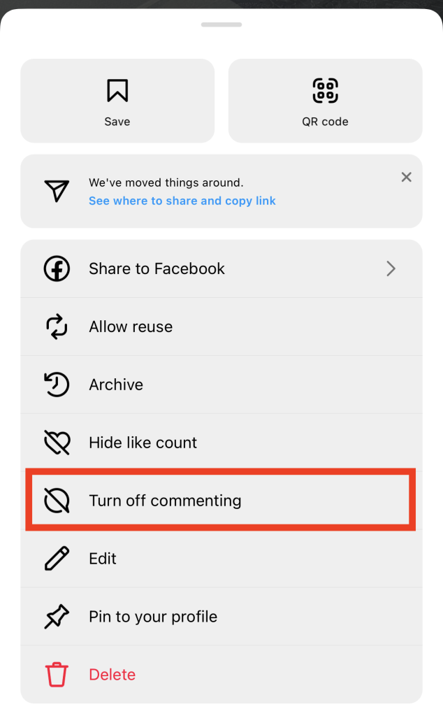 Path Social Instagram 、「コメントをオフにする」ボタンが赤枠で強調表示されている投稿の設定のスクリーンショット。