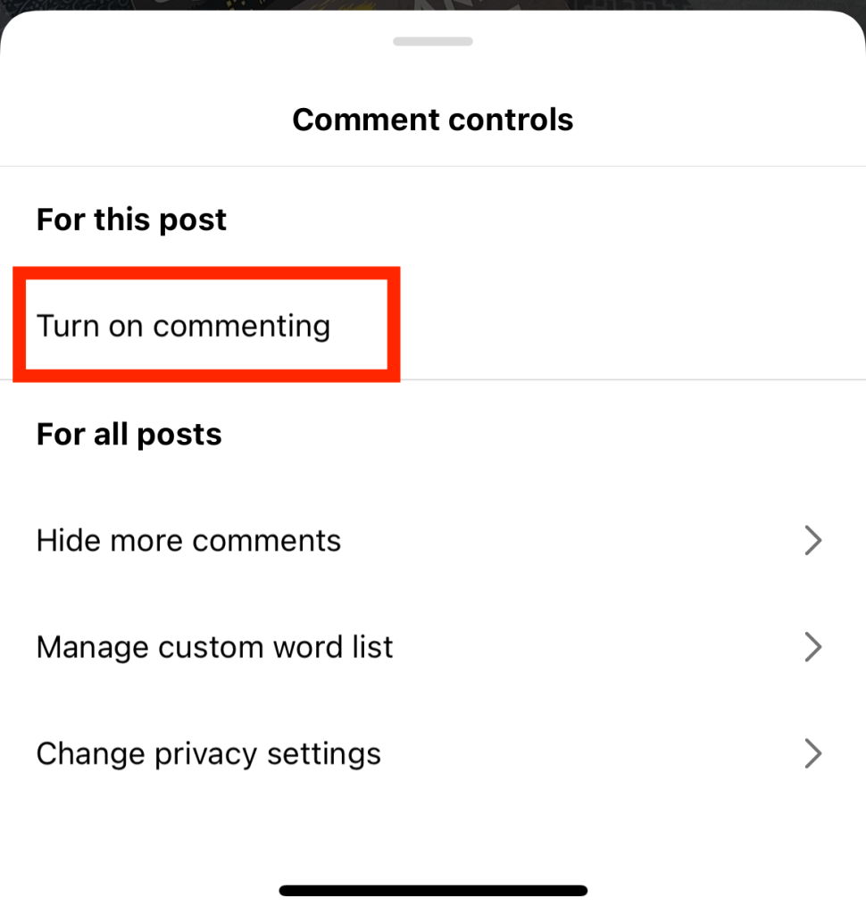 Path Social’s screenshot of an Instagram post’s comment controls with a red box highlighting “Turn on commenting”.