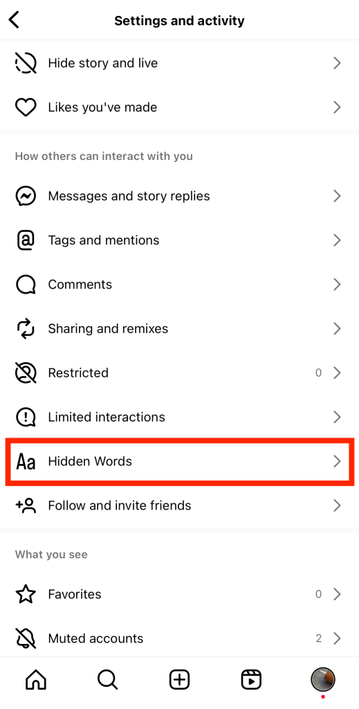 Path Social’s screenshot of an Instagram profile’s settings with a red box highlighting “Hidden Words”.