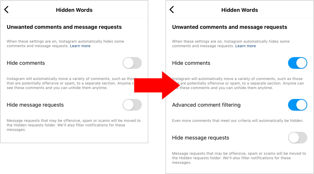 Path Social’s screenshots of how to switch on the toggles to hide unwanted comments through comment filtering.