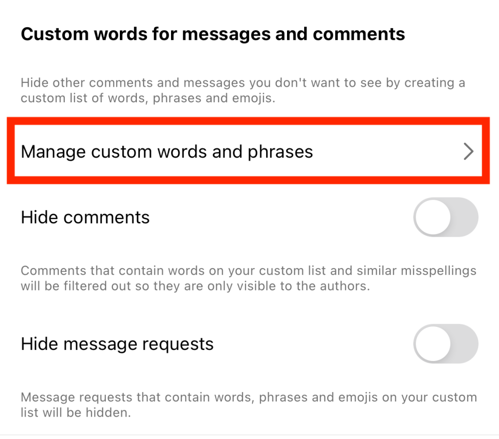 Path Social’s screenshot of the “Custom words” settings, highlighting the “Manage custom words and phrases” button.