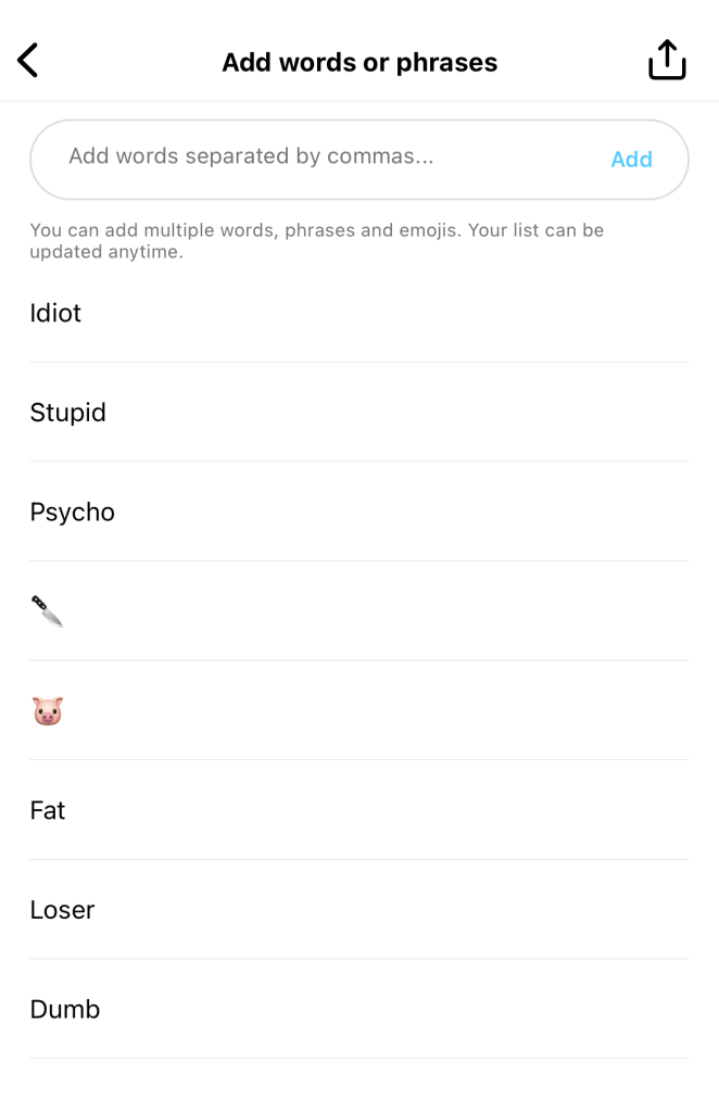 Path SocialCaptura de pantalla de la lista de palabras ocultas personalizadas de un usuario que activará Instagram para ocultar comentarios.