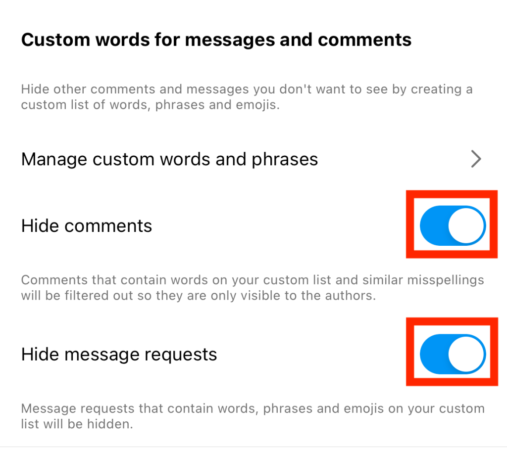 Path SocialA captura de ecrã da página de Facebook do utilizador dos botões de alternância para ocultar comentários e pedidos de mensagens que contenham palavras ocultas personalizadas.