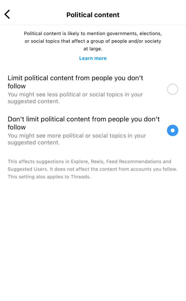 Path Social의 스크린샷 Instagram의 '팔로우하지 않는 사용자의 정치 콘텐츠 제한 안 함' 옵션이 켜져 있습니다.