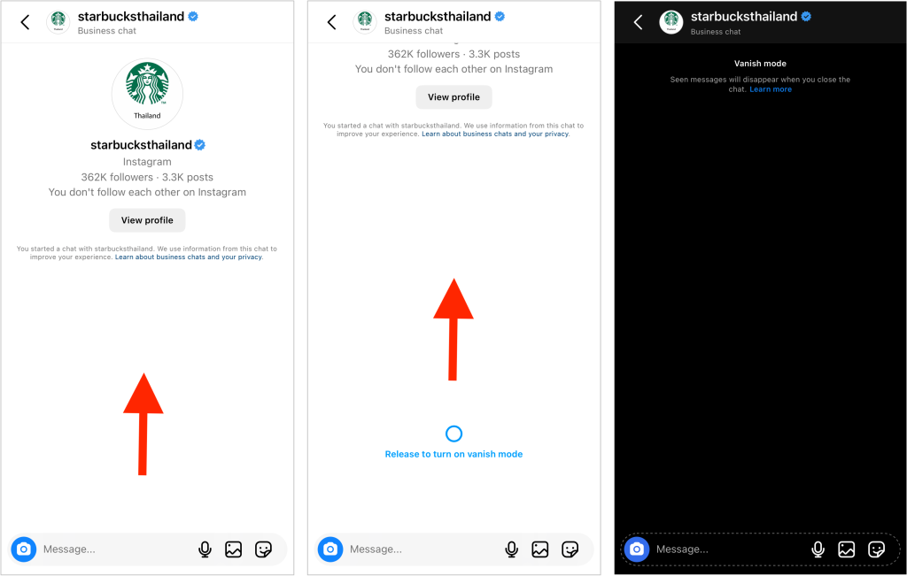 Path SocialDie Screenshots zeigen, wie man in einer Direktnachricht auf Instagram nach oben wischt, um den Ausblendungsmodus zu aktivieren.