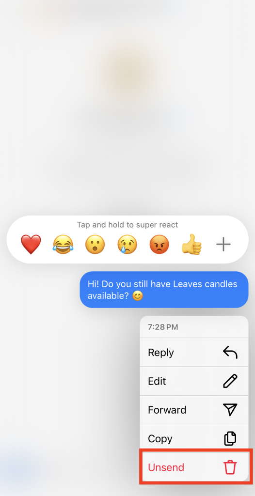 Path SocialDer Screenshot des Pop-up-Menüs, nachdem Sie lange auf eine Instagram DM gedrückt haben, zeigt ein rotes Kästchen mit der Markierung "Nicht senden".