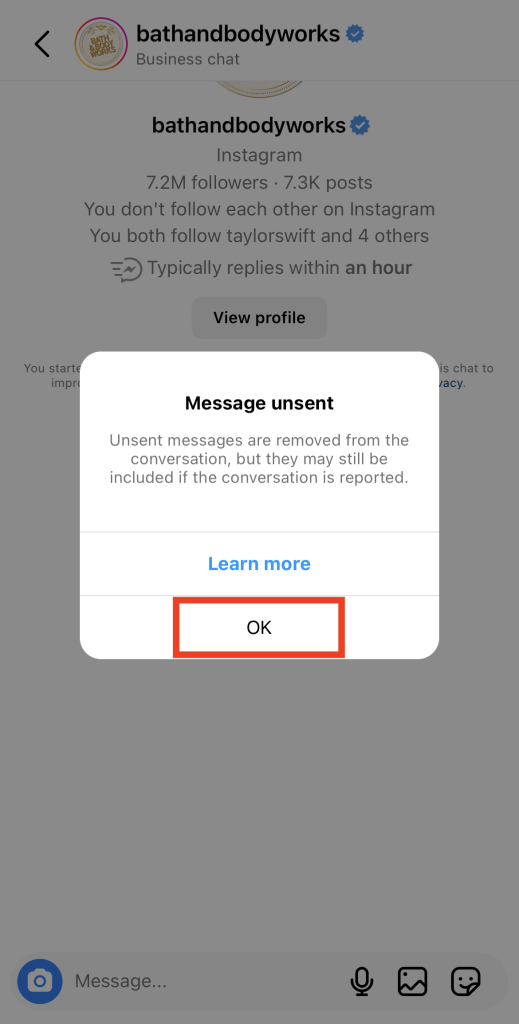 Path Socialda mensagem de confirmação que aparece depois de cancelar o envio de uma mensagem de texto, com uma caixa vermelha a destacar "OK".