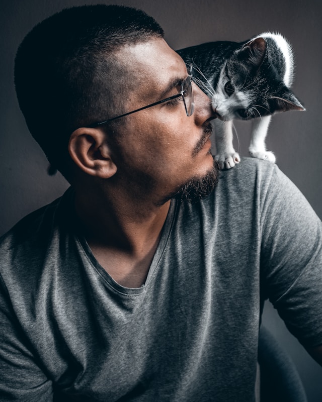 Un homme avec des lunettes et un chat gris et blanc qui se tient sur son épaule et lui embrasse le nez. 