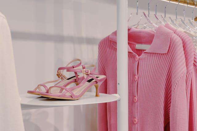 Um par de saltos cor-de-rosa num suporte ao lado de algumas camisolas cor-de-rosa numa prateleira.
