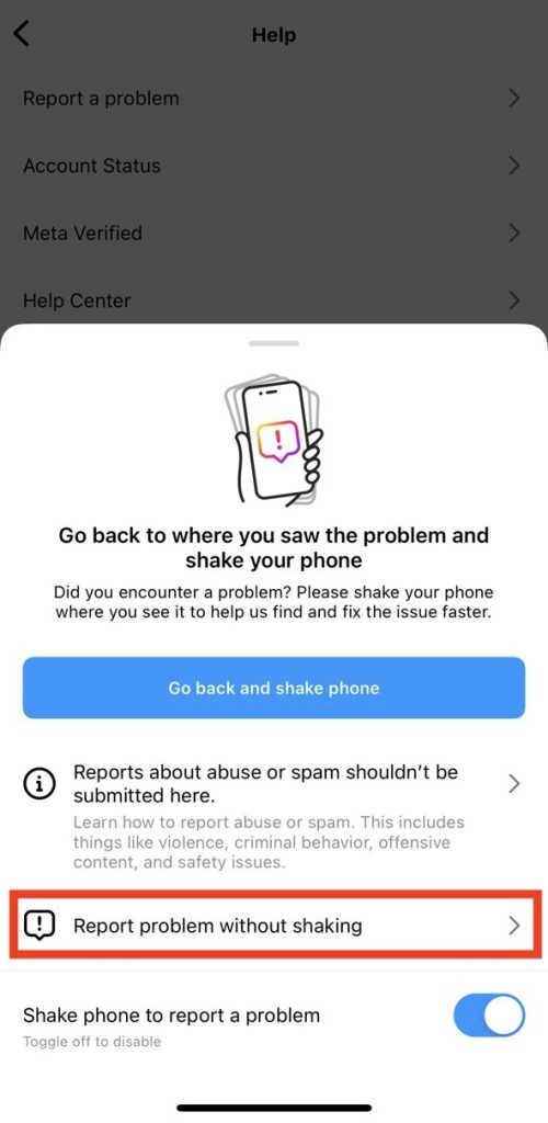 Path Socialcaptură de ecran a opțiunilor de raportare Instagram care evidențiază "Raportați problema fără să tremurați".